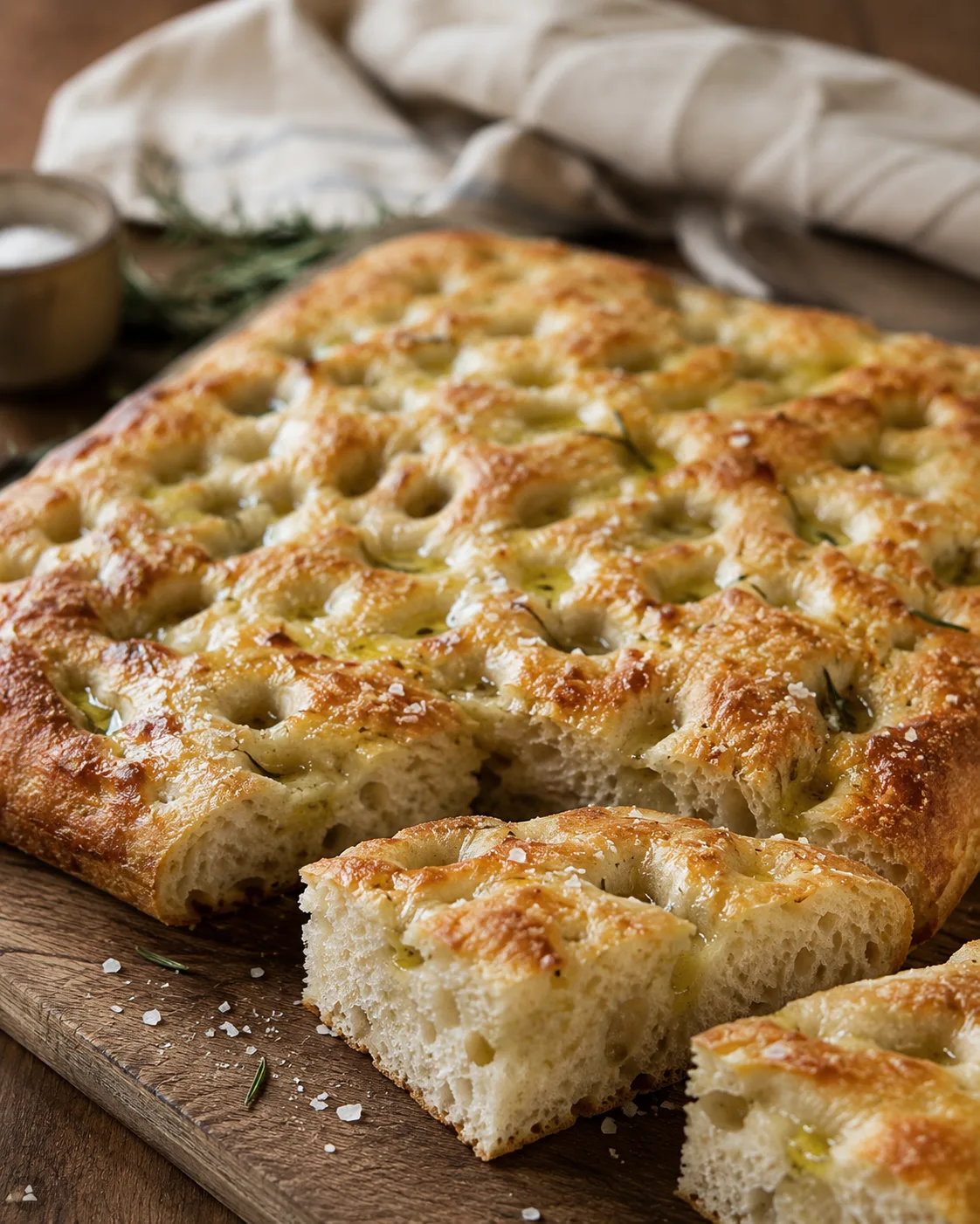 A rosemary focaccia loaf in a rustic still life setting