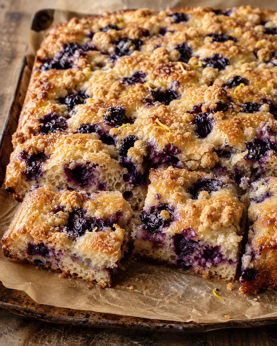 A lemon blueberry crumble focaccia styled as a finished bake