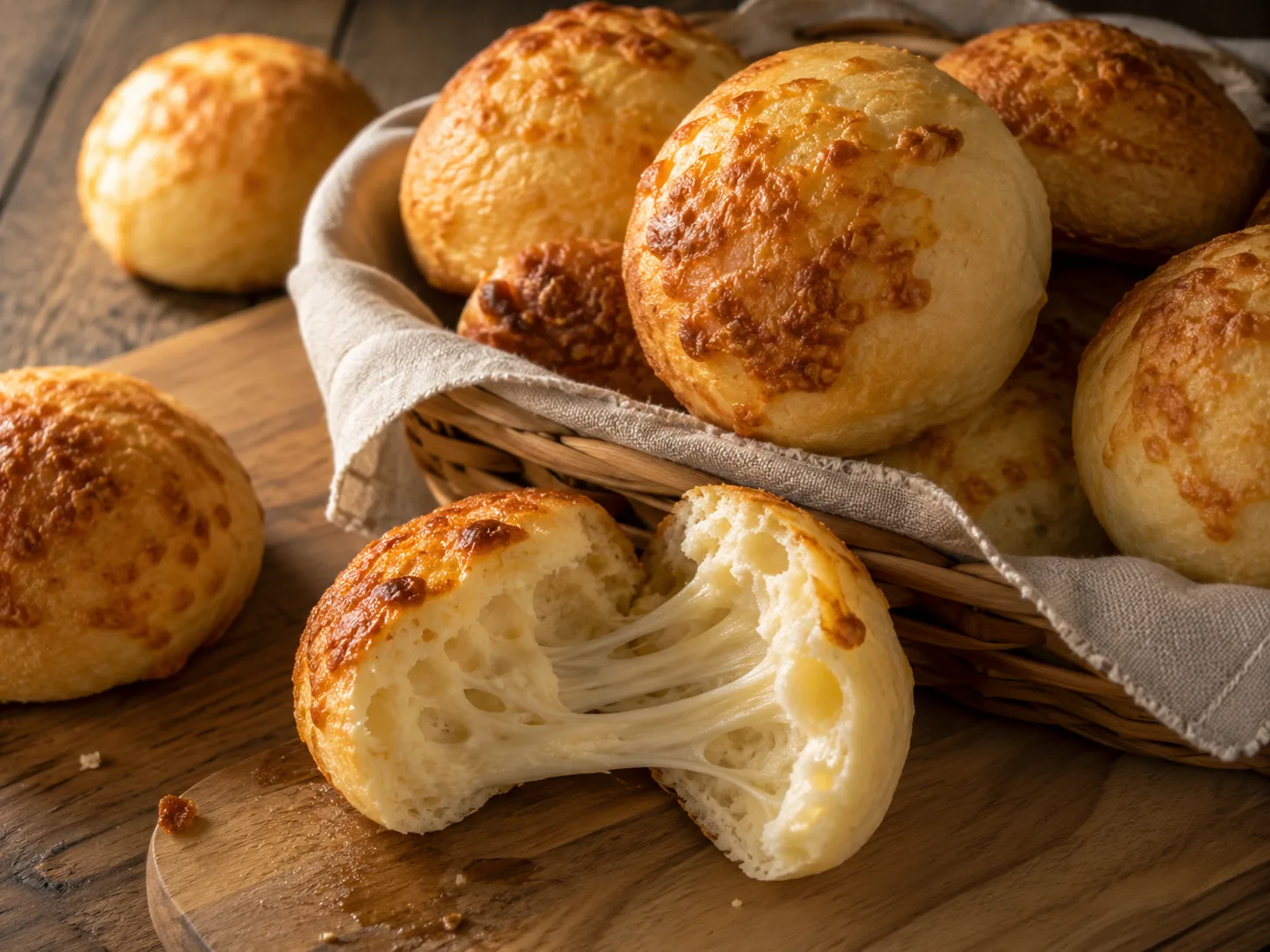 Golden sourdough cheese buns with melted cheese inside
