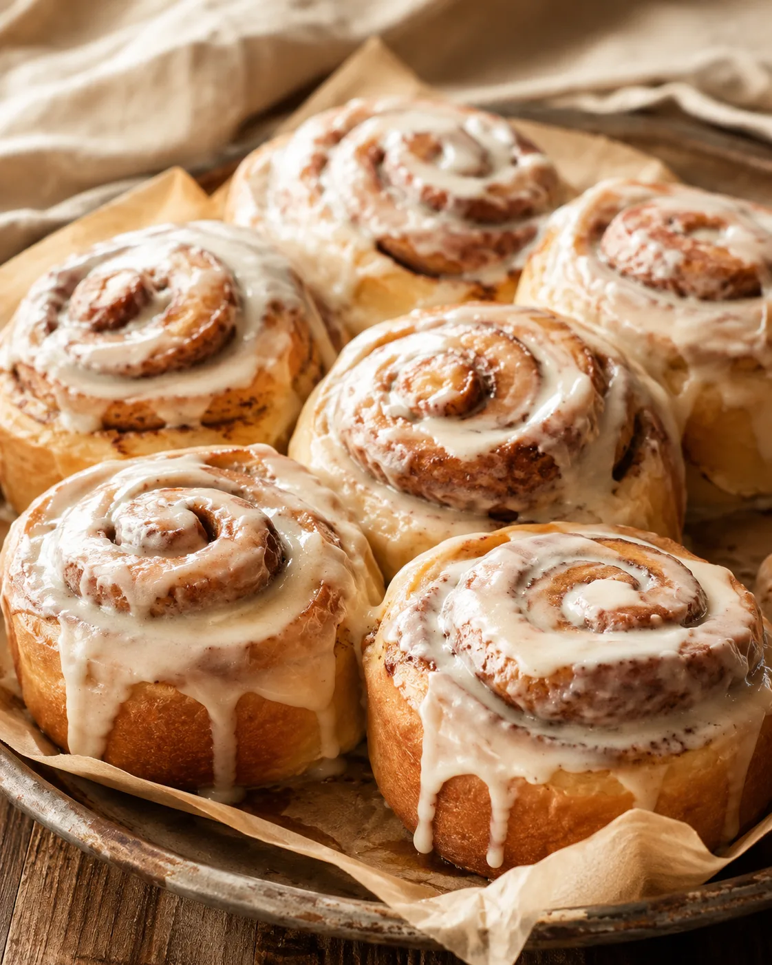 Iced cinnamon buns in a rustic bakery style