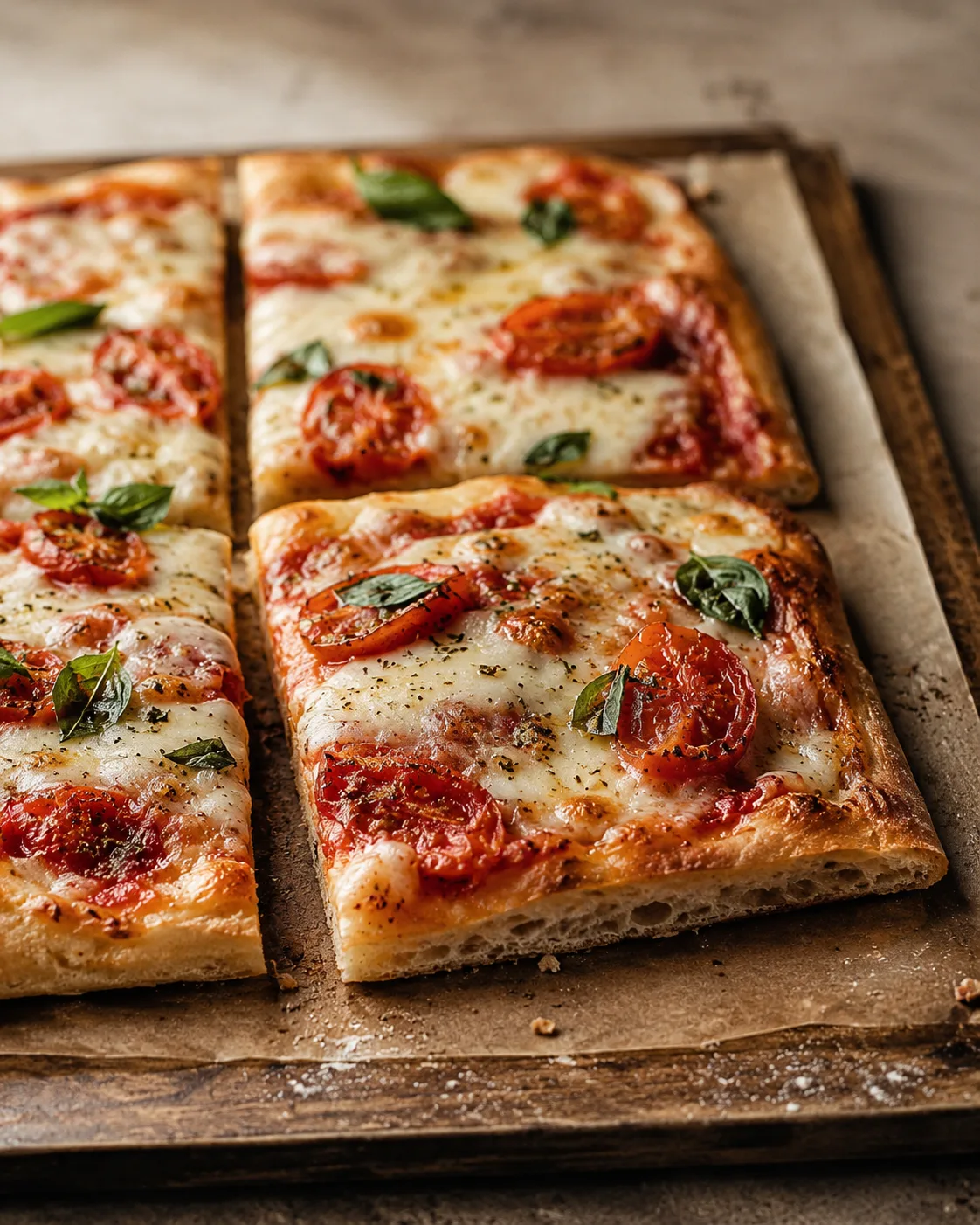 A tomato and basil focaccia pizza on a rustic surface