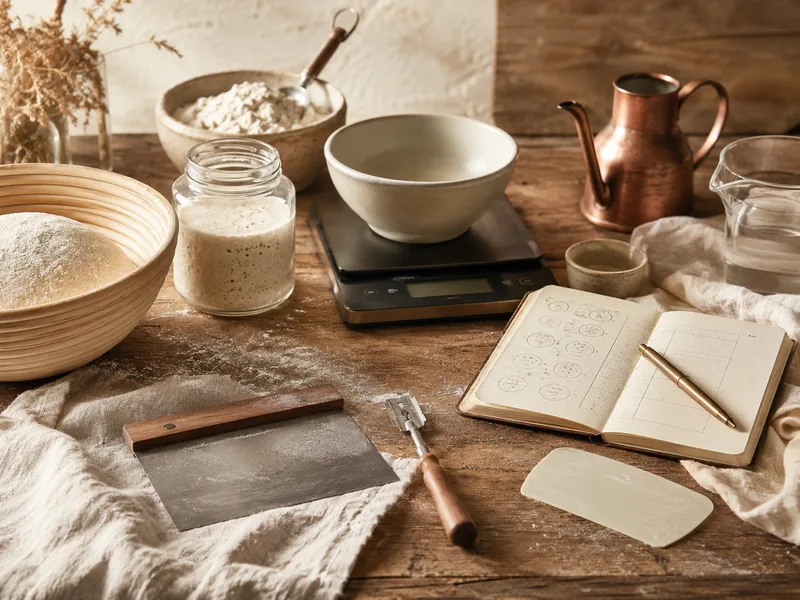 Sourdough baking station with starter, scale, banneton, tools, and planning notebook