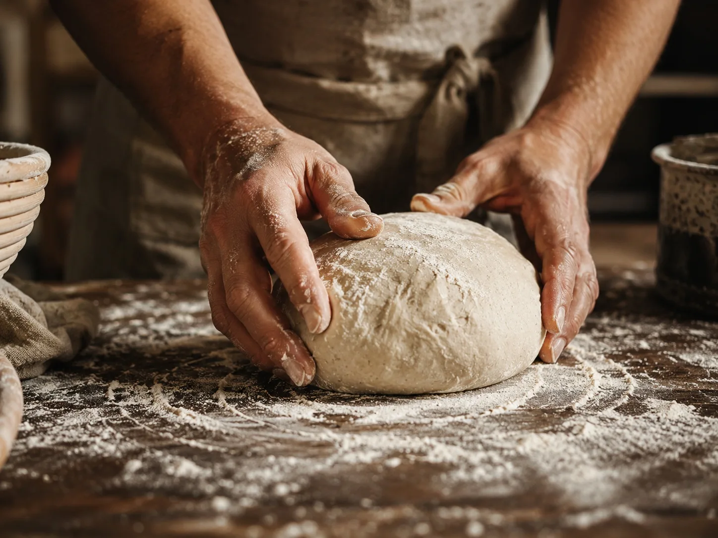 Hands working artisan dough